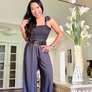 Red dress Charcoal gray wide legged jumpsuit